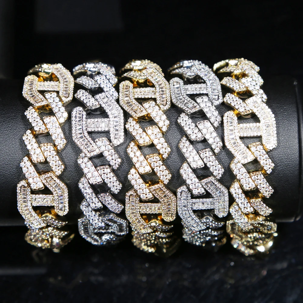 

Men's Hip Hop Bracelet 2Row Curb Cuban Bracelet Iced Out CZ Bracelet Gold Silver Color For Men Luxury Box Clasp Drop Shipping