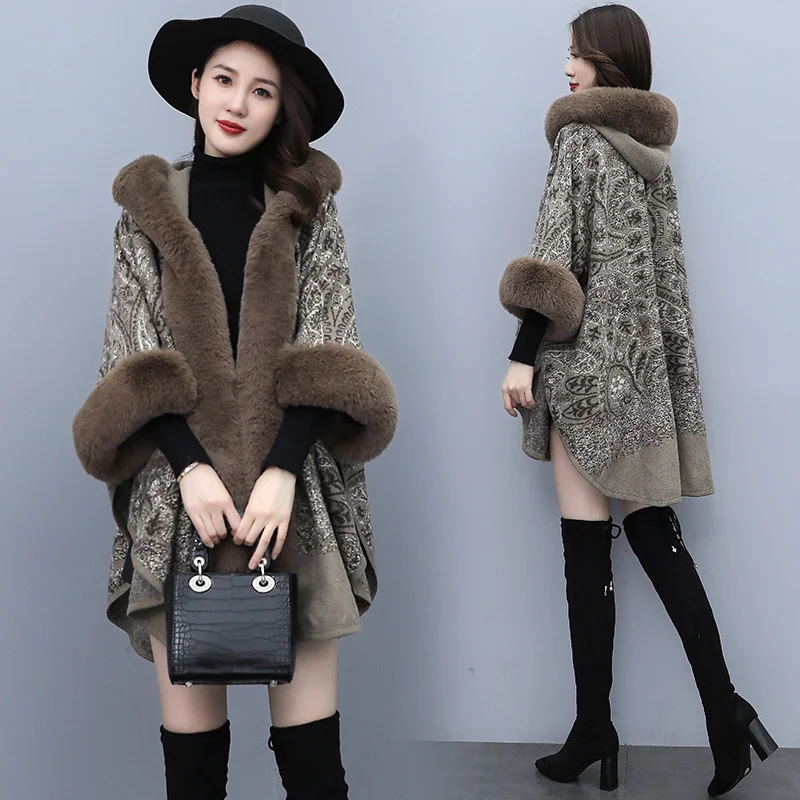 Autumn Winter Faux Fur Woolen Cloth Shawl Cape Poncho Thickened Women Mid-length Korean Cashmere Hooded Ladies Cape Coats