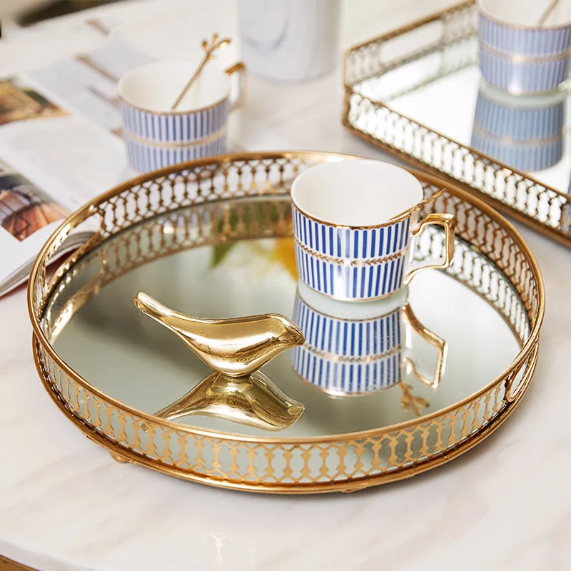 

Hollow Glass Mirror Trays Decorative Plating Craft Gold Inlay Tea Set Mug Organizer Dressing Table Jewelry Display Storage Tray