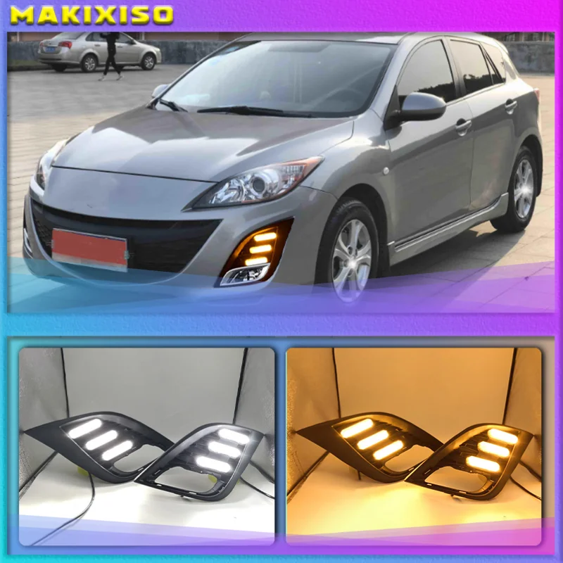 

1 Set DRL For Mazda 3 Mazda3 Axela 2010 2011 2012 2013 Daytime Running Lights fog lamp Yellow turn signal 12V Daylight