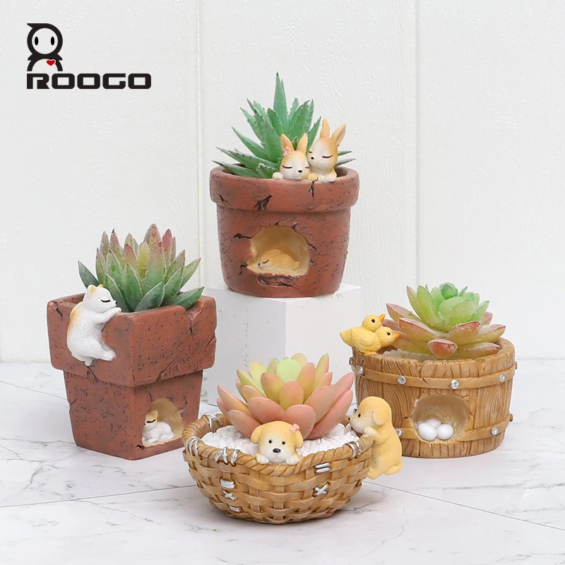 

Roogo Figurine Cute Animals Nest Shape Succulent Plant Pots Creative Resin Mini Flower Pot Cactus Planter Decoration for Garden