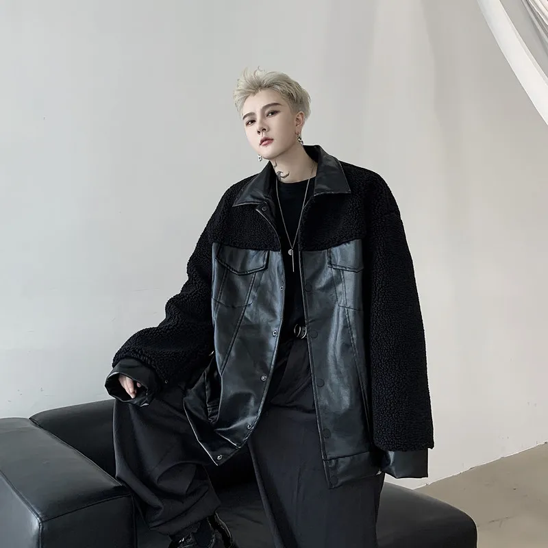 

2021 autumn and winter fur one jacket men's coat loose handsome thick leather motorcycle clothing men