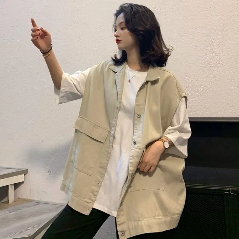 Chaleco sin mangas que combina con todo para mujer, chaquetas sueltas de un solo pecho, cuello vuelto, sólido, moda coreana Vintage Ulzzang