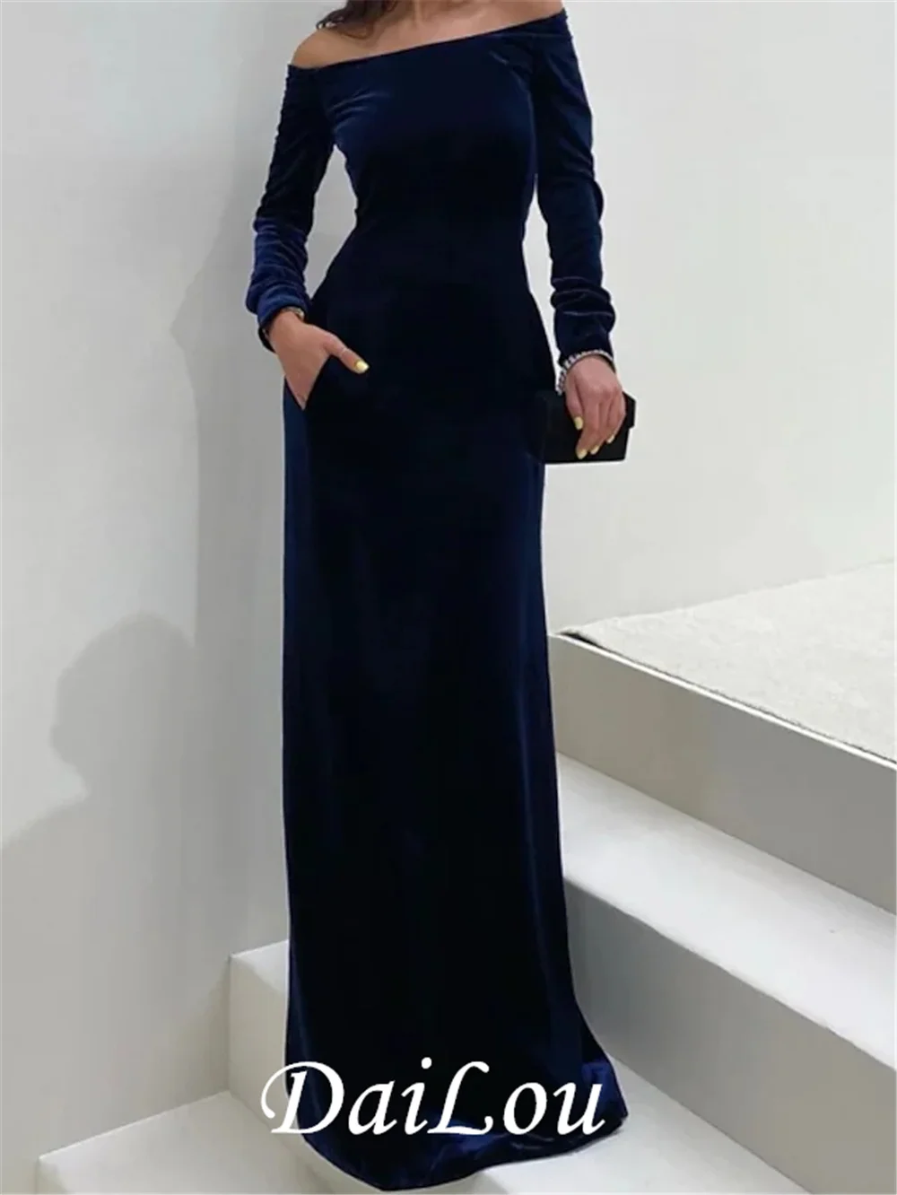 Sheath / Column Minimalist Elegant Wedding Guest Formal Evening Dress Off Shoulder Long Sleeve Floor Length Velvet with Sleek