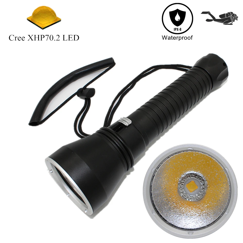 Professional underwater 100m Dive Flashlight  XHP70.2 LED Yellow Light Diving Torch Waterproof Spearfishing Lamp Lanterna