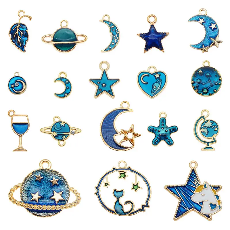 Julie Wang 10PCS/Pairs Enamel Dark Blue Charms Random Mixed Star Moon Planet Leaves Pendants Alloy Jewelry Making Accessory