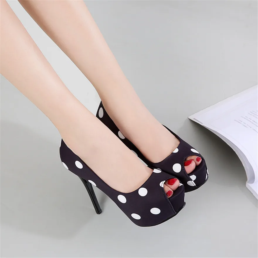 Black White Fashion Polka Dot Silk Work Shoes For Women Peep Toe Platform Pumps Autumn Super High Heels Dress Party Ladies Shoes