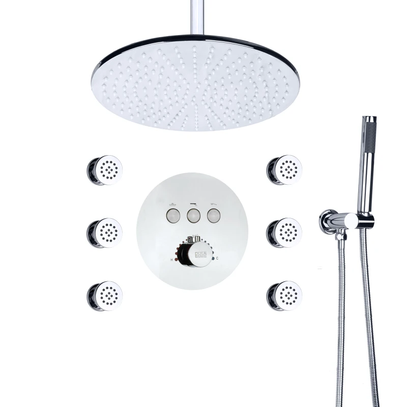 

Chrome Polished Thermostatic Rainfall Shower Mixer 10 Inch Bathroom Ceiling-Mounted Shower Set With Handheld