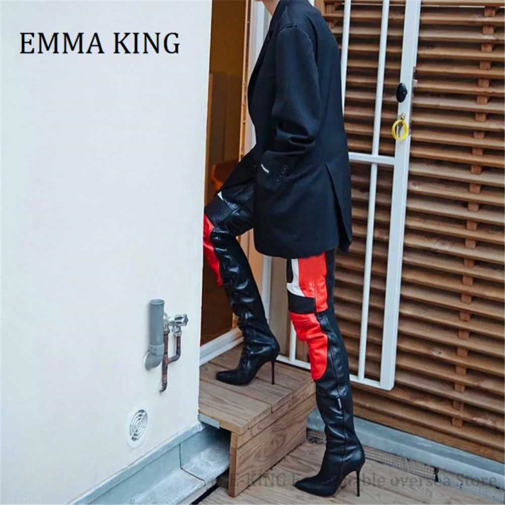 2021 Runway Patchwork Women Over the Knee High Boots Sexy Pointy Toe High Heels Lady Boots Shoes Woman Knight Boots Botas Mujer