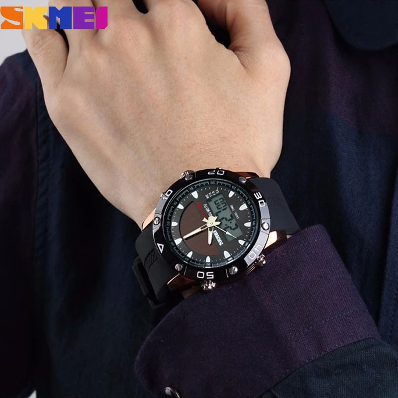 SKMEI-reloj deportivo de moda para hombre, cronógrafo de cuarzo con doble pantalla, resistente al agua, militar, despertador