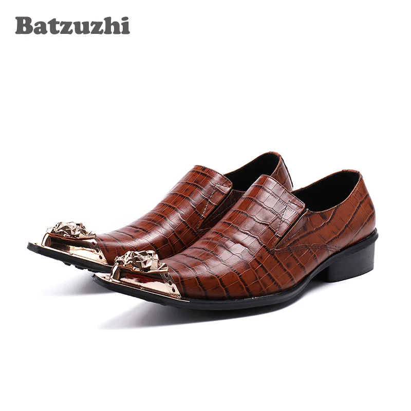 

Batzuzhi Handmade Luxury Men Dress Shoes Gold Metal Toe Formal Leather Dress Shoes Men Brown Leather Business Oxfords, US12 EU46