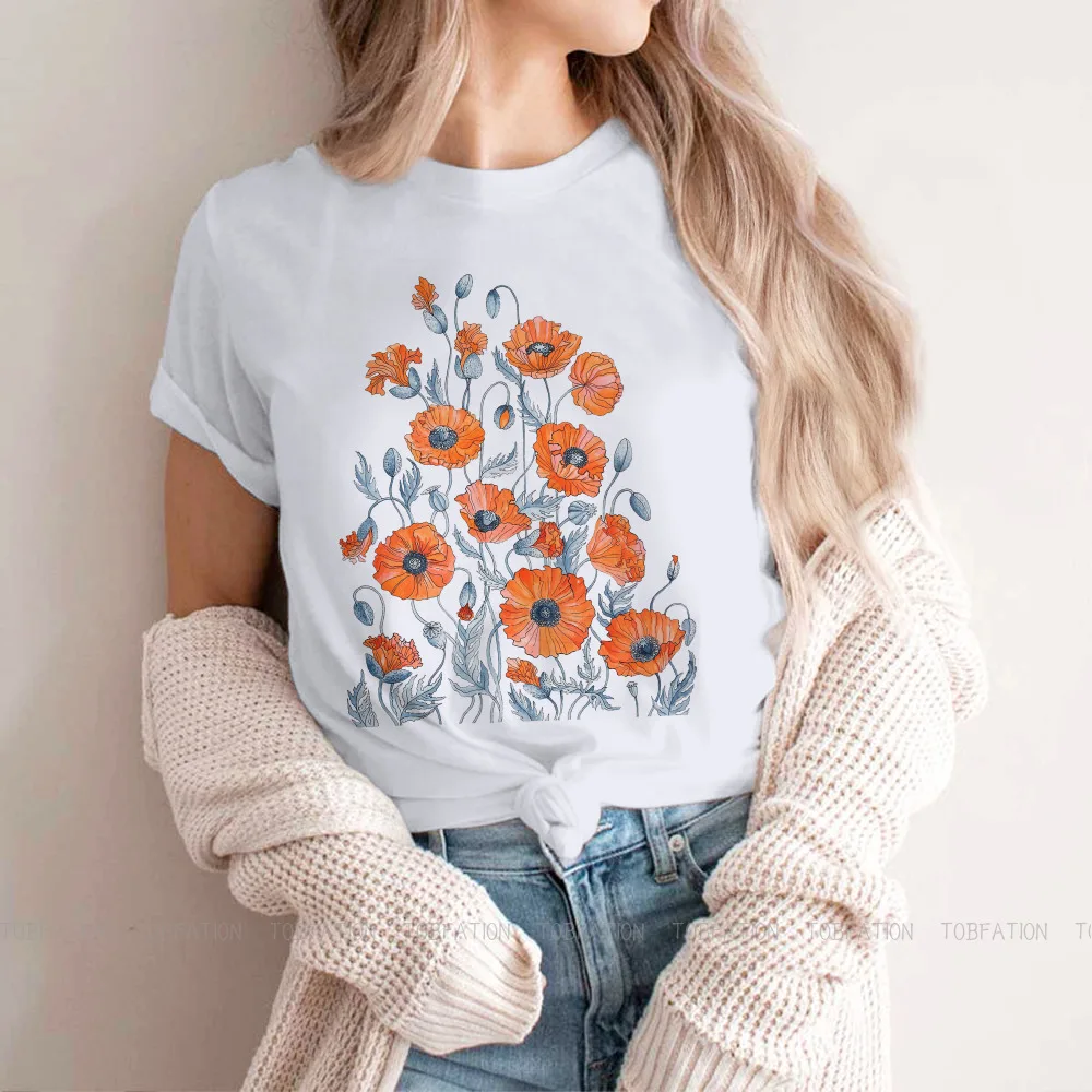 Poppies Floral Botanical art Women Clothing Flowers Lover Graphic Female Tshirts Vintage Loose Tops Tee Kawaii Girls Streetwear