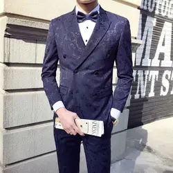 Navy Blue Pattern Jacquard Blazer Pant Suit For Men 2021 Peaked Lapel Slim Fit Mens Tuxedo Double Breasted Party Wedding Suits