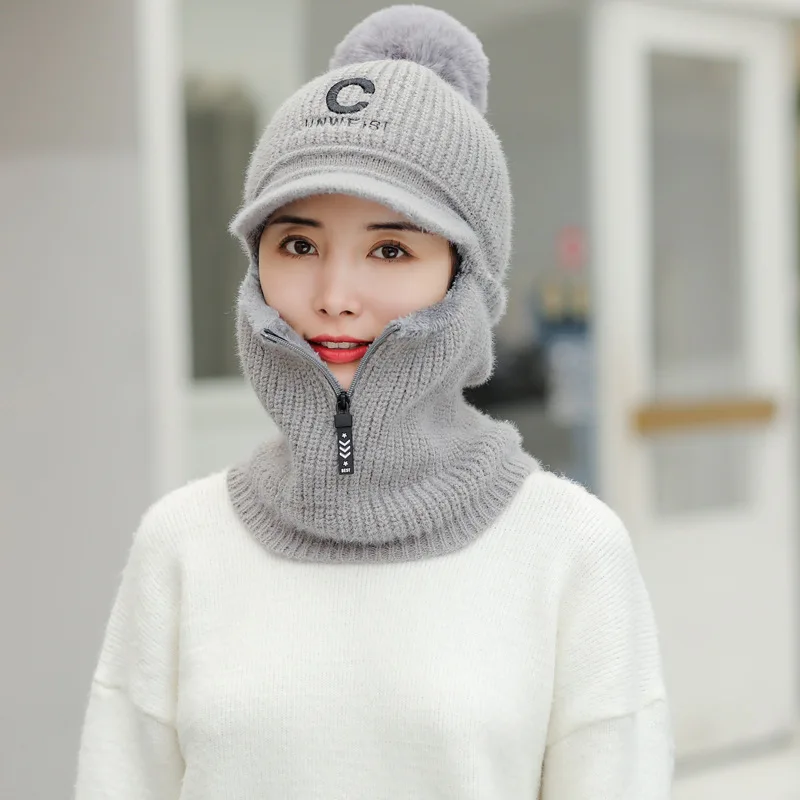 Letters C Knitted Beanie Scarf Set For Woman Girl Curved Brim Autumn Winter Hat Zipper Pompoms Cycling Ski Hunting Hat