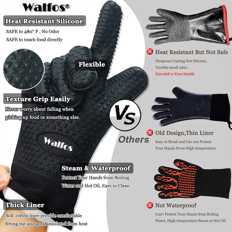 Walfos 1 Piece Long Silicone Kitchen Gloves Grill Gloves Heat Resistant Cooking Gloves For Grilling Microwave Oven Mitts Gloves