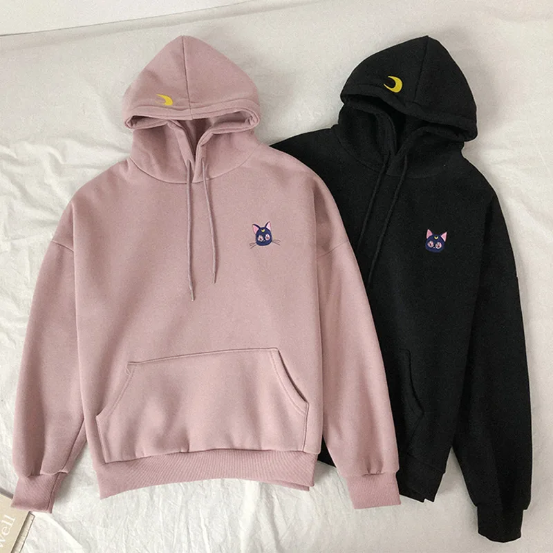 Women Sweatshirts Sailor Moon Cat Pink Embroidered Hoodies Female Kawaii Korean 2020 Spring Loose Sweatshirt Hooded Pullovers