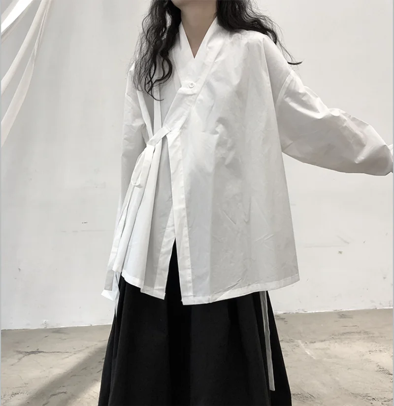 Autumn women\'s new kimono collar tie design lapel solid color long sleeve shirt youth loose fashion trend