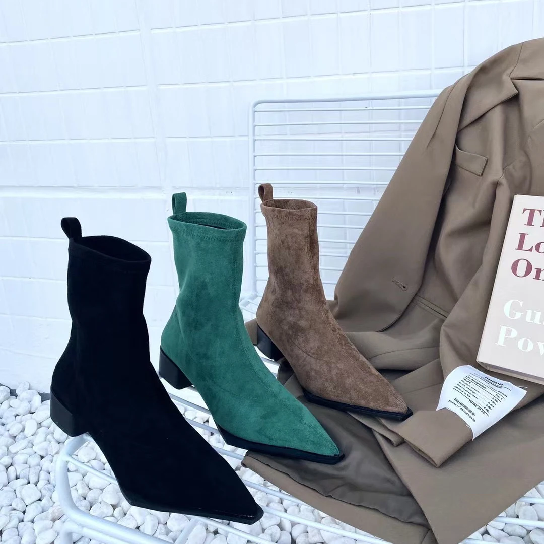 Women Sock Booties Winter Stretch Botas Thick Mid Heels Slip On High Quality Pointed Toe Short Winter Shoes Woman Green Shoes