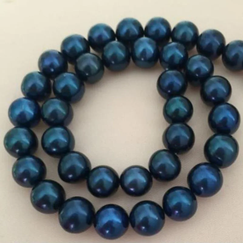 stunning 10-11mm round tahitian black blue pearl necklace18inch 14k/20