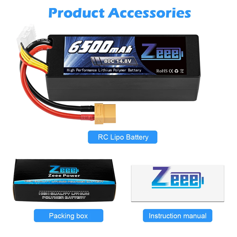 Zeee 4S Lipo Battery 14.8V 80C 6500mAh RC Lipo Battery with XT90 Plug Hardcase Battery For RC Car Boat Truck Airplane Tank