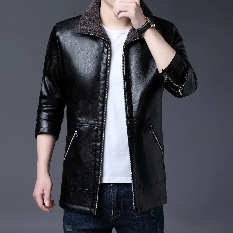 Leather Jacket Men Think Fleece Turn Down Collar Faux Fur Coat Men Lamb Cashmere PU Leather Coat Men Faux Leather Plus Size