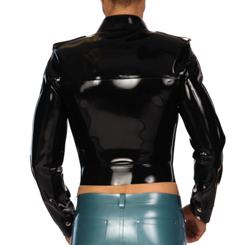 Silver And Black Trims Sexy Latex Jacket Cuffs Buttons At Front Rubber Tops Turn Down Collar Clothes Plus Size YF-0295