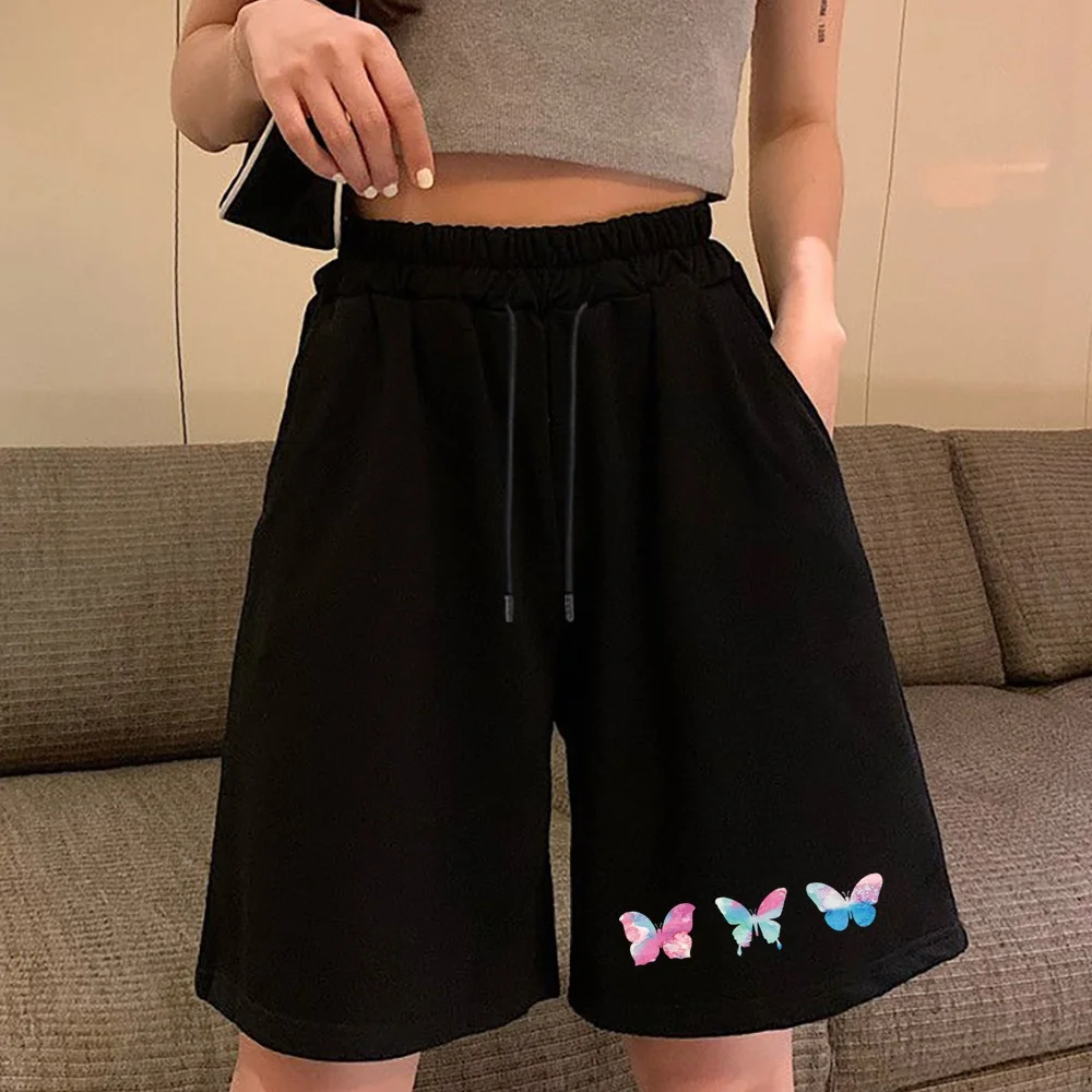 Summer Shorts Women Summer Bermuda Shorts Loose Casual Sports Stretchy Straight Leg Butterfly Printed Breathable Sweatshorts