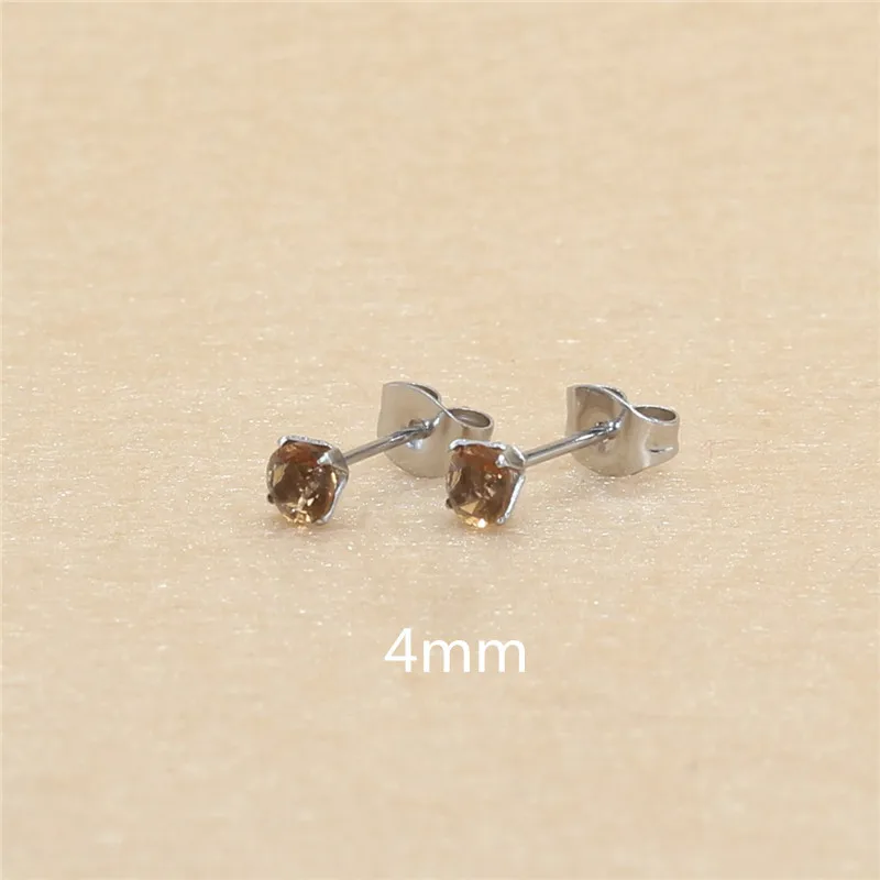 4mm AAA Round Colorful Tea Green Zircons Stud Earrings With Stianless Steel Needle Brief Jewelry 20 Colors For Choose No Allergy