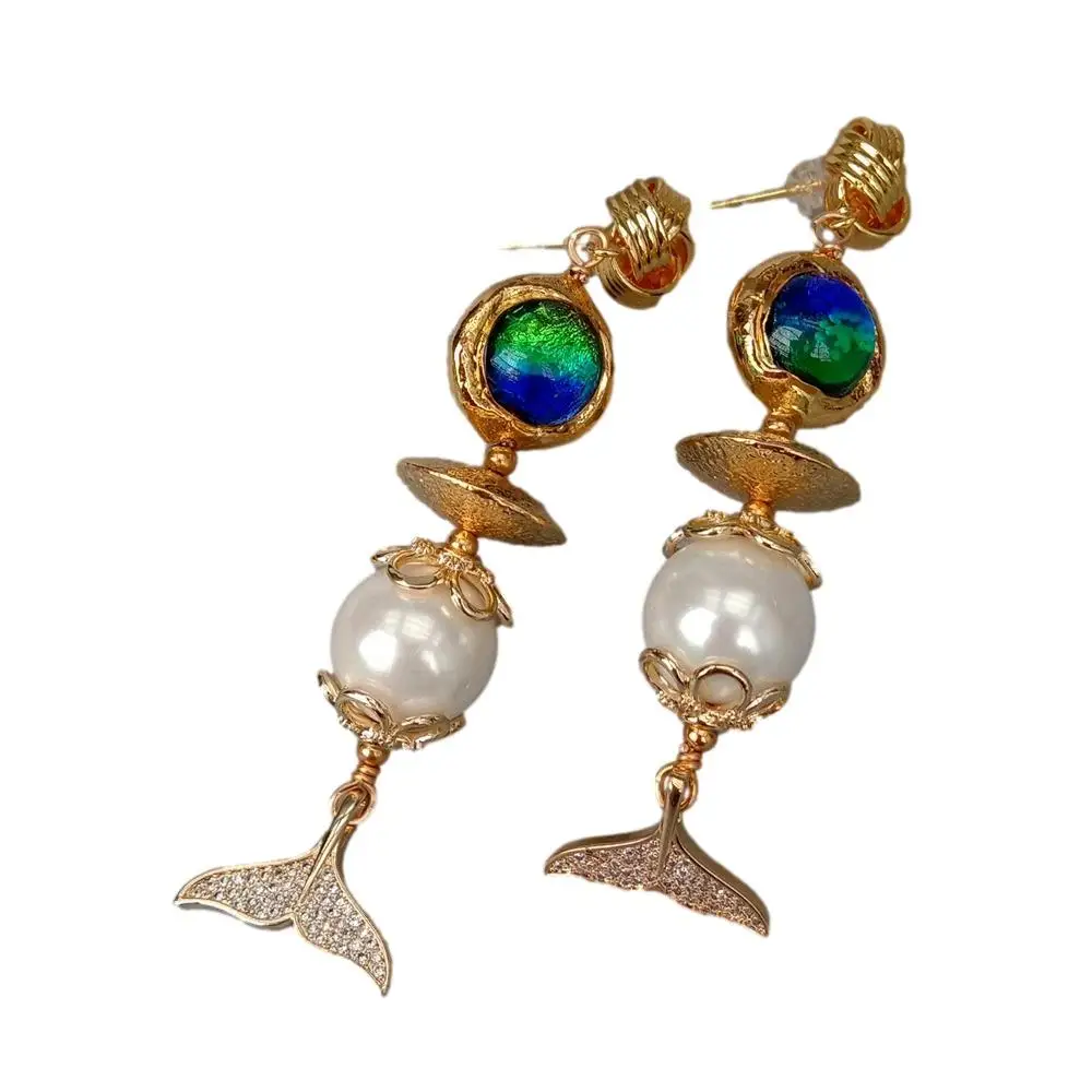 YYGEM Cute style Blue Murano Glass  White Sea Shell Pearl Cz Pave Fish Tail Drop Stud Earrings