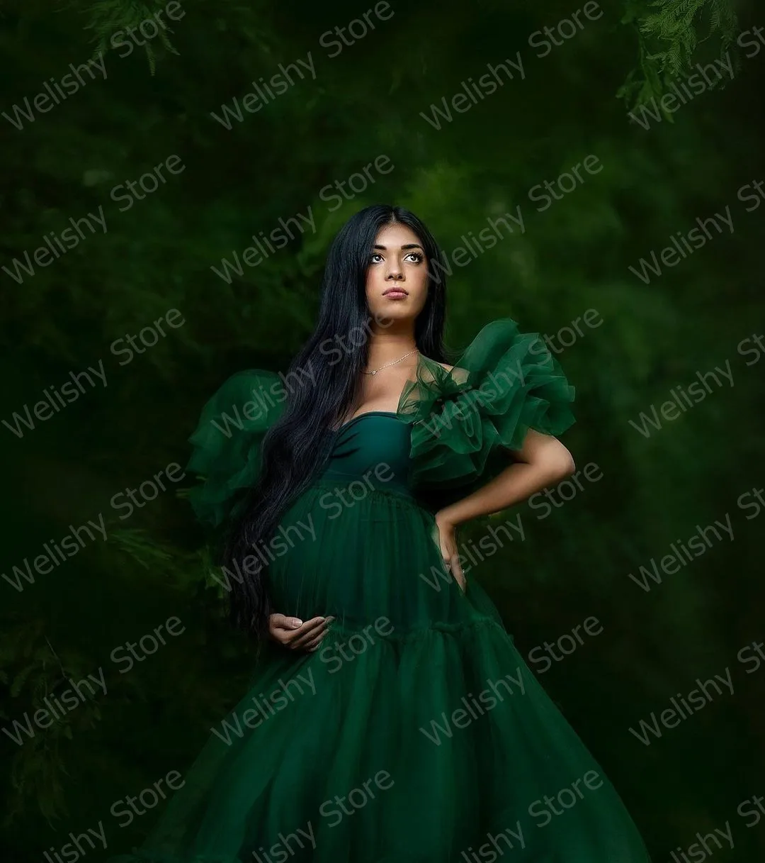 Emerald Dark Green A-Line Draprd Long Tulle Maternity Robes Women Custom Made Long Tulle Dresses Photo Shoot Party Gowns vestido