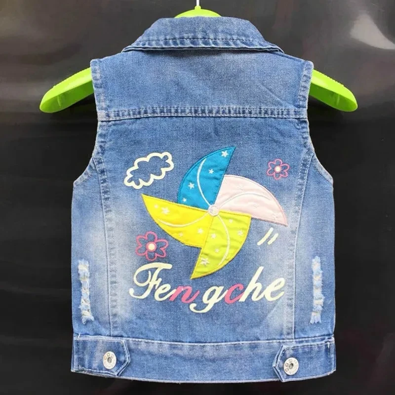 Baby Girl\'s Spring Autumn Cotton Denim Cartoon Vest Toddler Kids Sequins Embroidery Girls Waistcoat Children Jacket Clothing