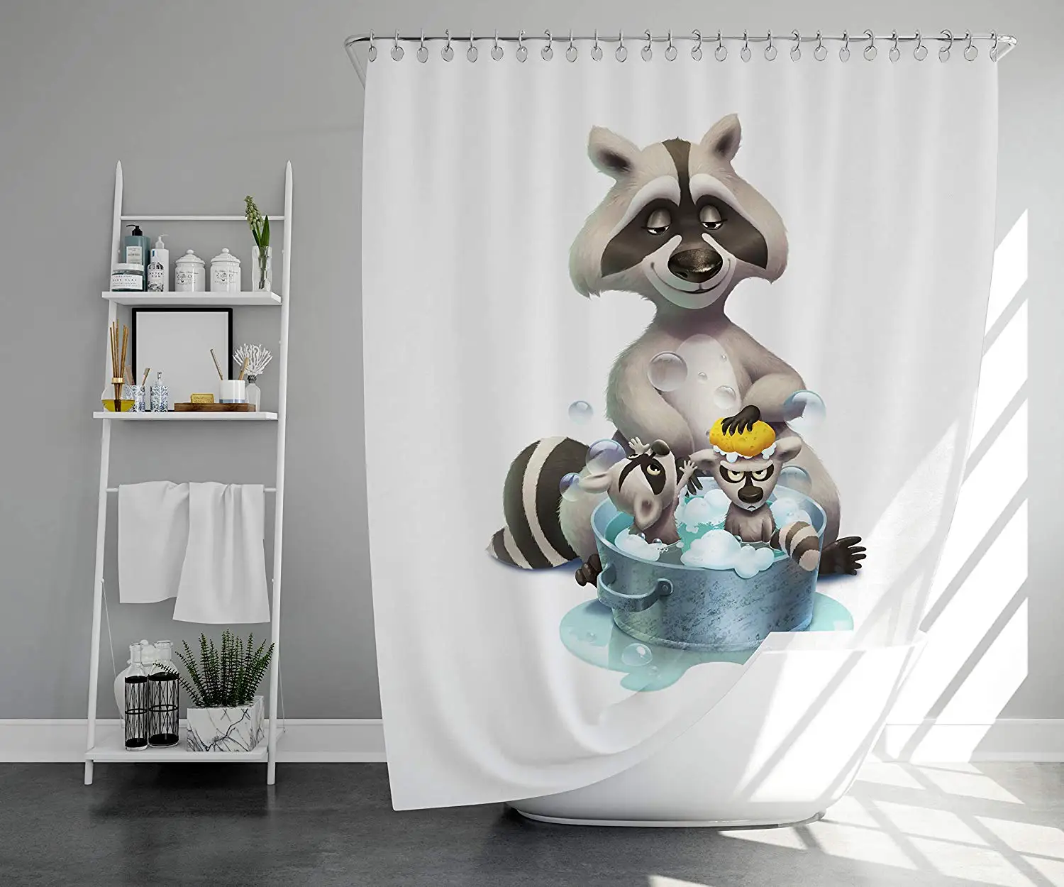 Raccoon Bath Shower Curtain Set for Children Washable with 12 Hooks