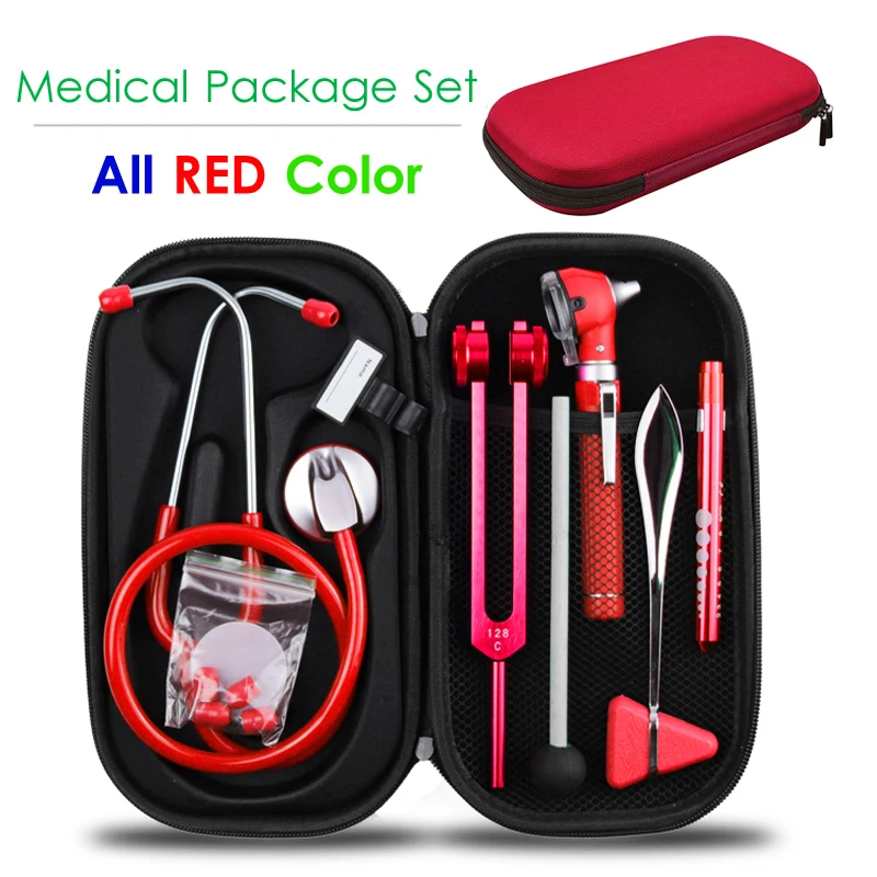 

Red Medical Health Monitor Storage Case Accessory Kit and Stethoscope Otoscope Tuning Fork Reflex Hammer LED Penlight Torch Tool