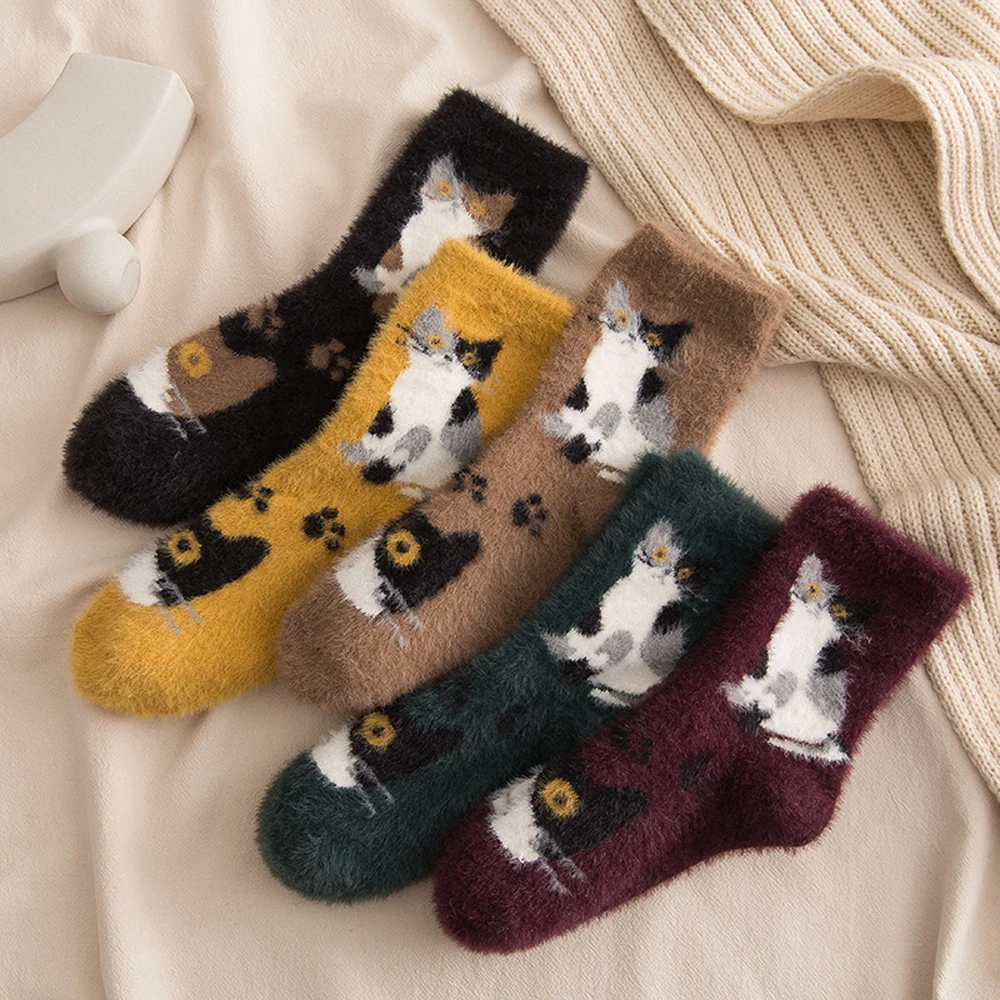 Cute Cat Socks Vintage Winter Thickening Mink Hair Women Socks Ladies Warm Home Floor Sleep Funny Socks