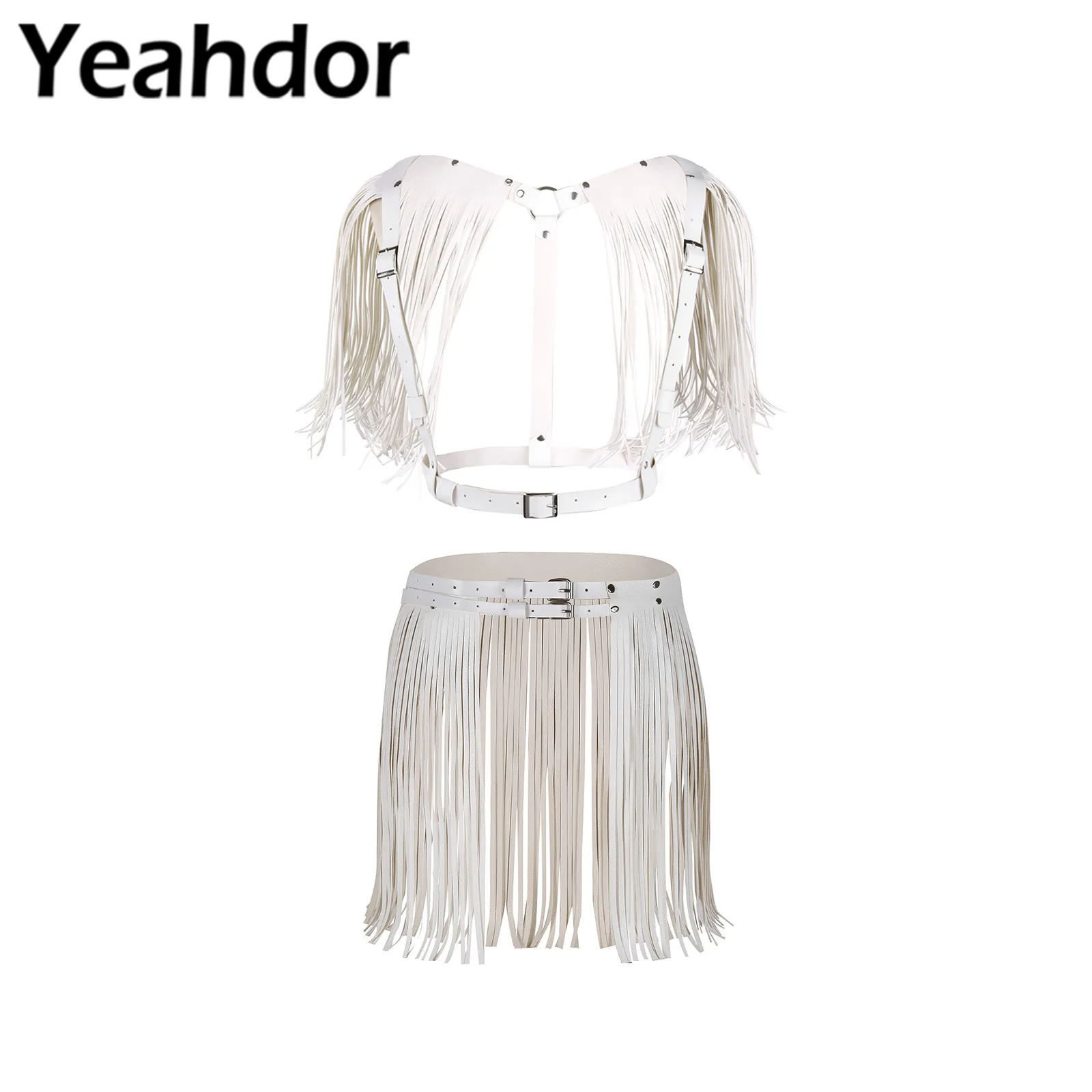 

Sexy Cosplay Costume for Women Goth Rave Tassel Harness Belt Tank Top Fringe Tassel Skirt Belt Nightclub PU Leather Bondage Belt