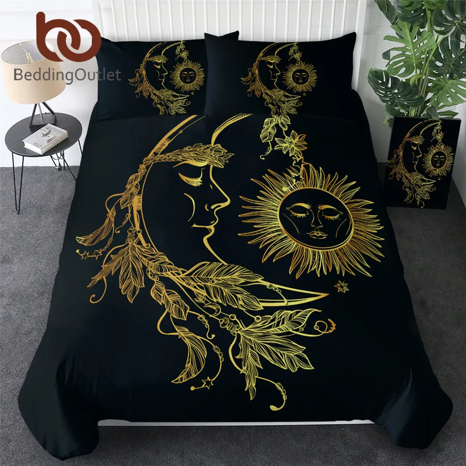 

BeddingOutlet 3 Pieces Gold Moon Accompanys Sun Duvet Cover With Pillowcase Black Dark Blue Bedding Set King Size Quilt Cover