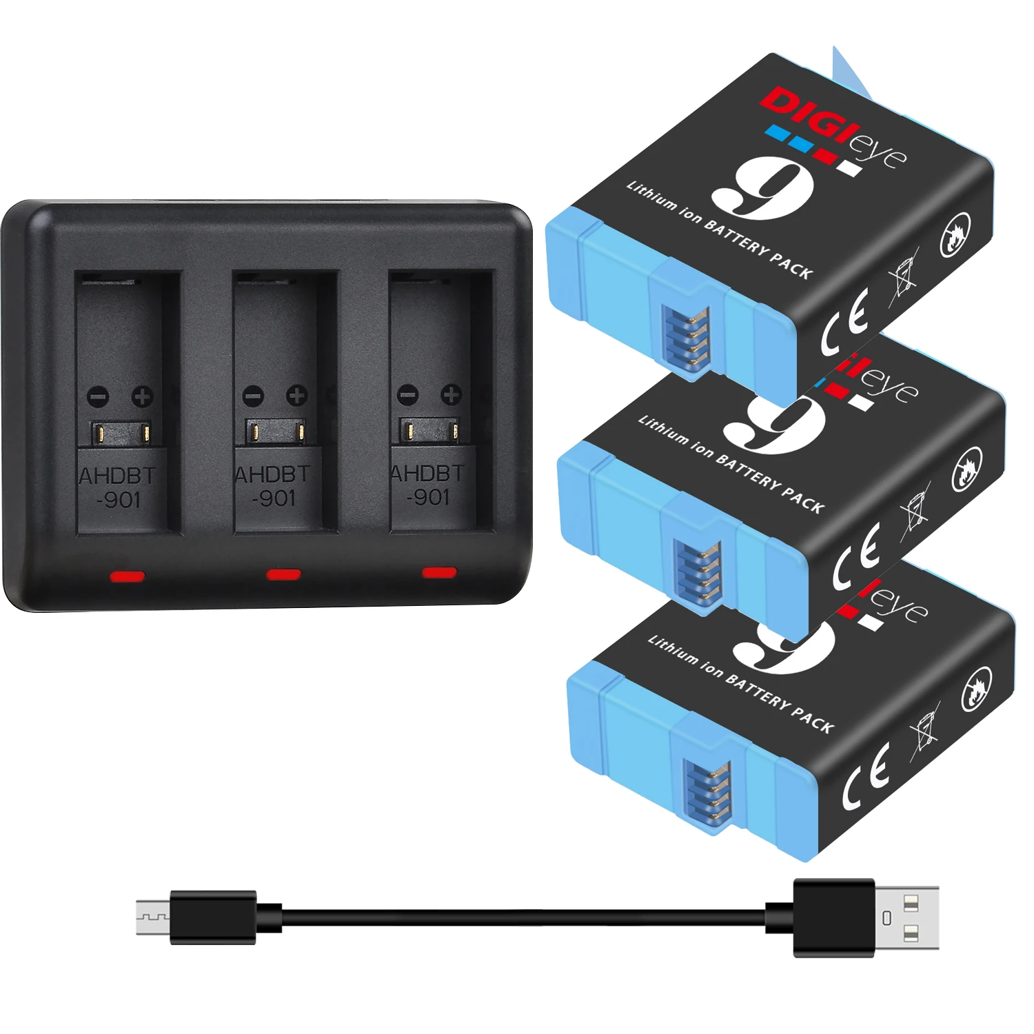 1780mAh AHDBT-901 Batteries and 3-Slots Charger for GoPro Go Pro Hero 9 Hero9 Black Action Camera Accessories