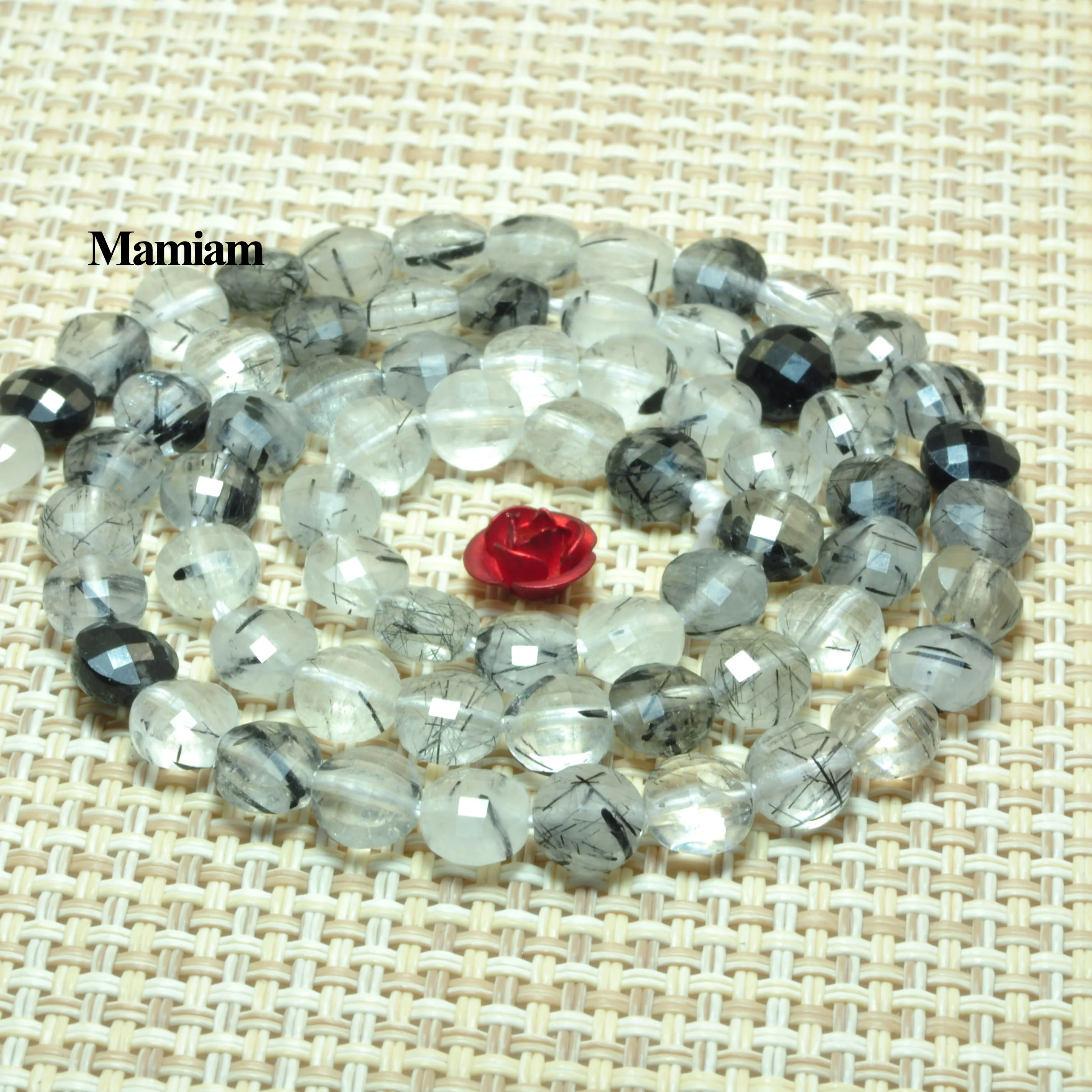 Mamiam Natural Black Rutilated Quartz Faceted Flat Stone Smooth Round Beads 4mm 6mm DIY Bracelet Necklace Jewelry Making Design