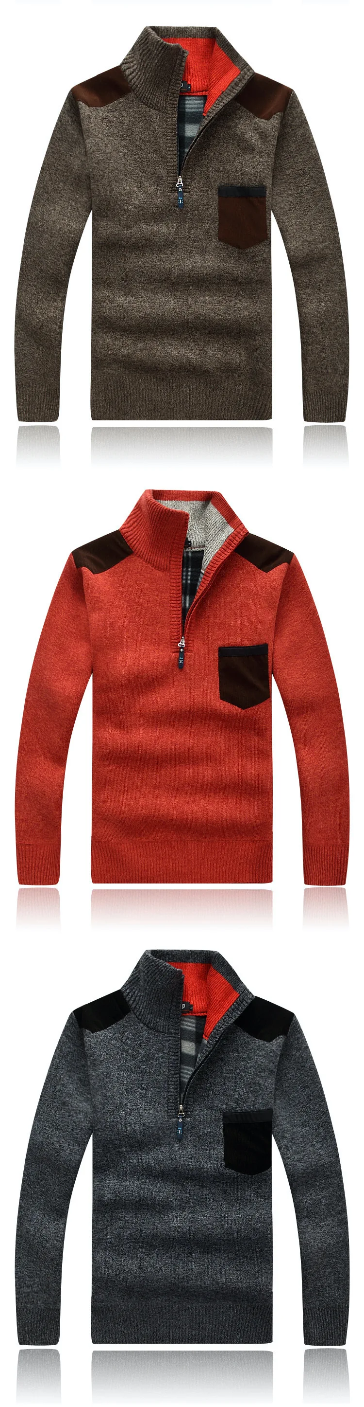Herren-Pullover mit Viertelreißverschluss und Stehkragen, lässiger Strickpullover mit kontrastierenden Taschen-Schulterflicken, warmes Fleece-Futter für den Herbst – Detail 3