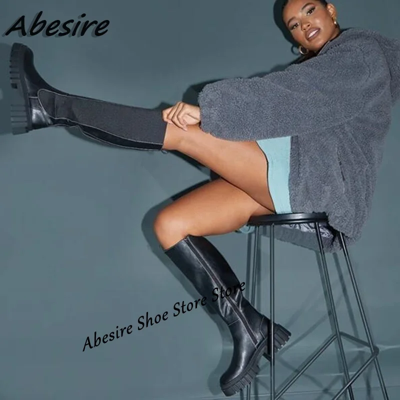 Abesire długie czarne buty Chunky Heel łączenie platformy stałe okrągłe Toe kobiety buty Slip On Knee najnowsze buty jesień zima