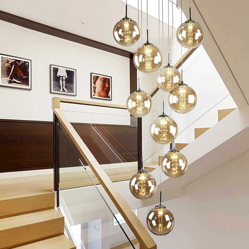 2024 New Modern Glass Ball Chandelier Lustre Living Room Staircase Light Spiral Light G4 Led Hotel Chandelier Villa Lighting