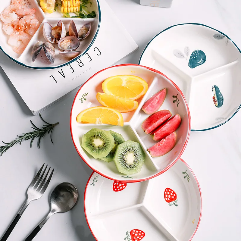 Net Red Three-point Plate with Dish Modern Simple Cartoon Ceramic Partition  Dried Fruit Candy Biscuit  Snack