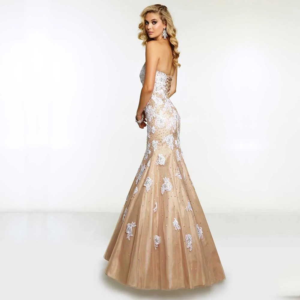 Vestido largo de sirena de Organza con apliques de encaje y cristales, prenda elegante y brillante con escote Corazón y espalda descubierta, a medida