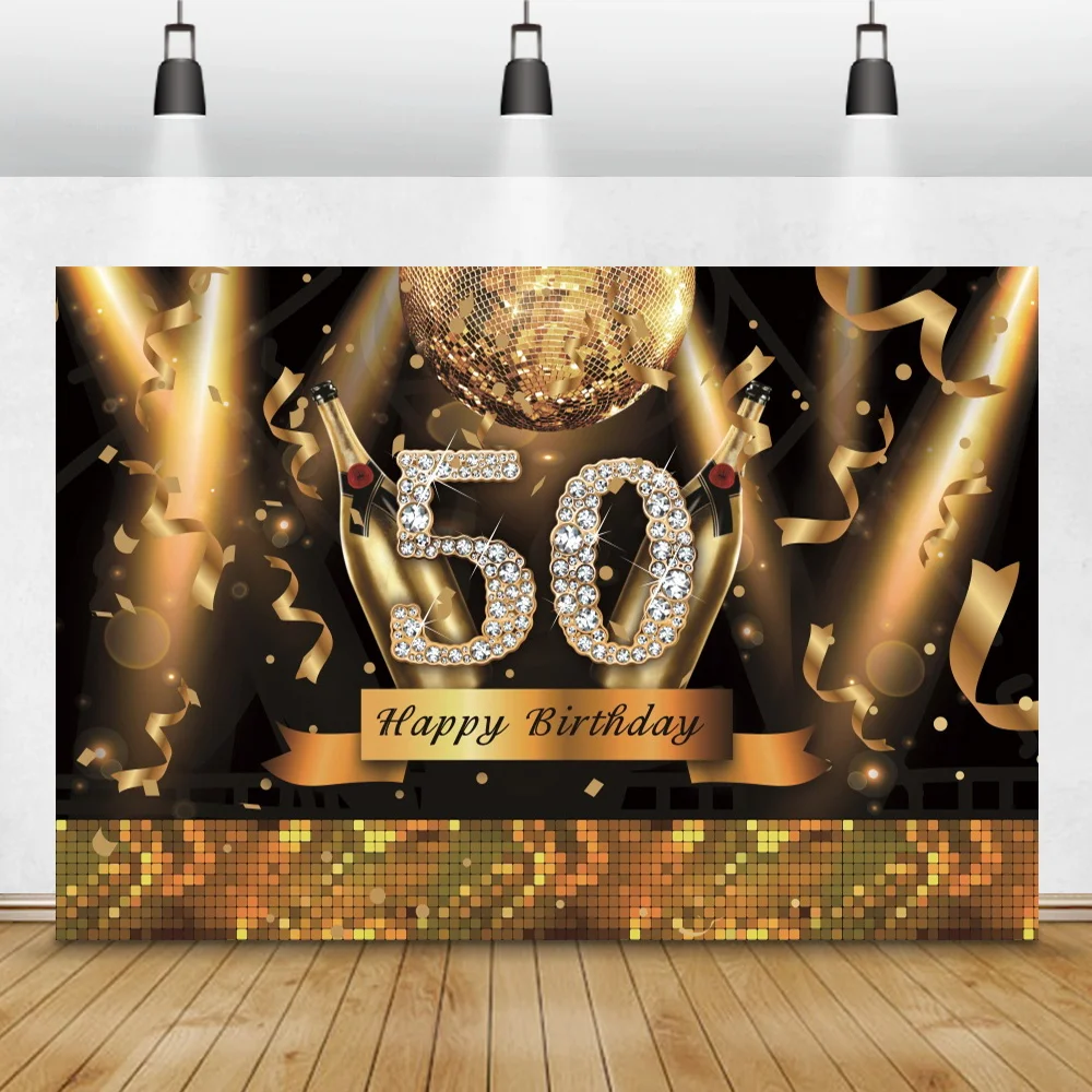 Laeacco 50th Birthday Party Customized Poster Family Shoot Photocall Golden Balloons Portrait Photographic Background Backdrops