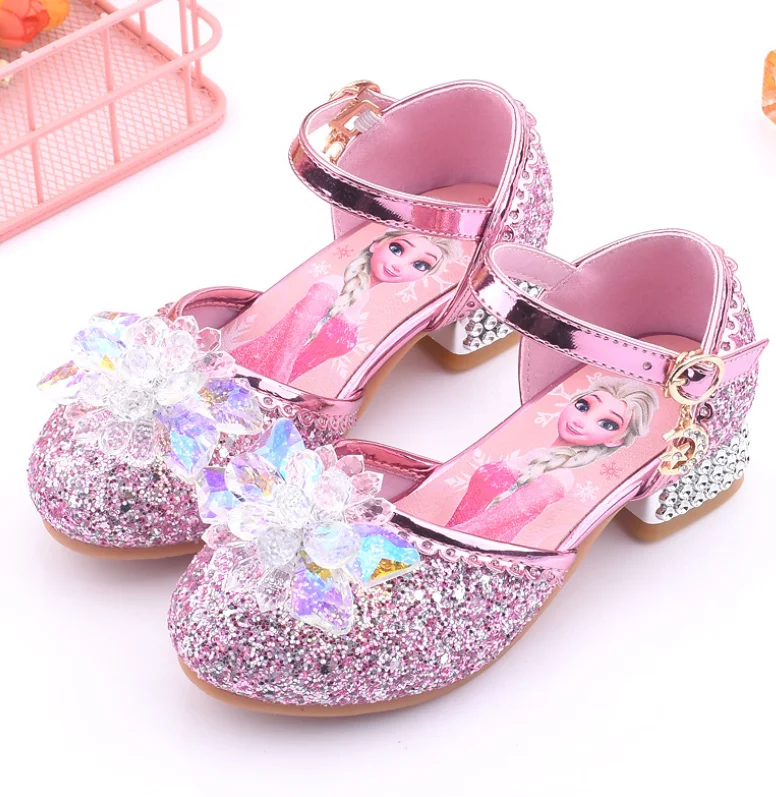 Sandales de princesse Disney la reine des neiges pour filles, chaussures de princesse en cuir souple, en cristal, à la mode