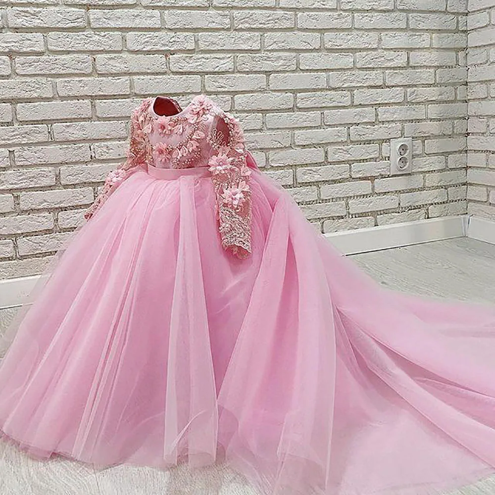 

Pink Lace Beaded Flower Girl Dresses Ball Gown Hand Made Flowers Tulle Lilttle Kids Birthday Pageant Weddding Gowns