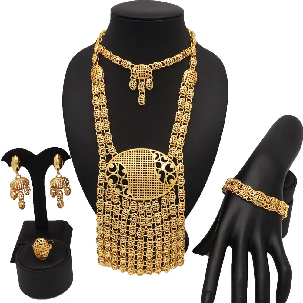 Dubai Luxury Gold Color Big Jewelry Set African Bridal Big Jewelry Set For Women Necklace Bracelet Earrings Ring Wedding Gift