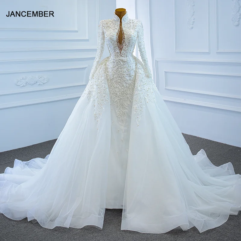 J67218 jancember White Wedding Dress 2020 Pearls Plus Size High Neck Appliques Lace Up Back Ball Gown