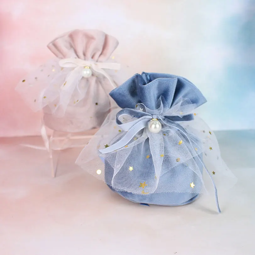 

Luxury Drawstring Velvet Gift Bags With little Star Gauze&Pearl Jewelry Pouches Christmas Decor Wedding Favor Gift Wrapping