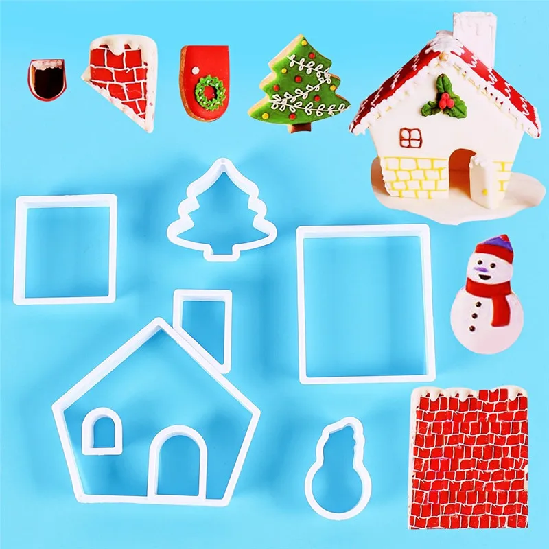 8Pcs/Set Christmas House Cookie Cutter Set Mini Christmas Snowman Baking Molds Plastic Cookie Cutter DIY Chocolate Biscuit Molds